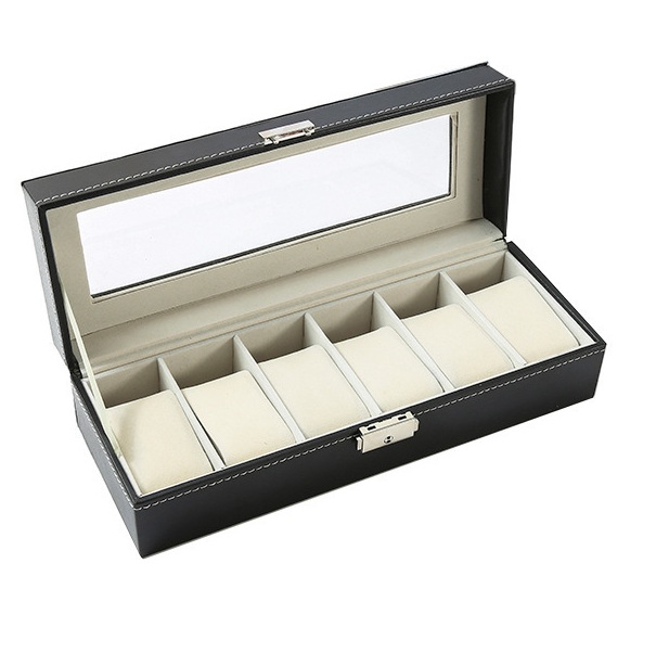 קופסת שעונים לאחסון וארגון - 6 שעונים, שחור חלק