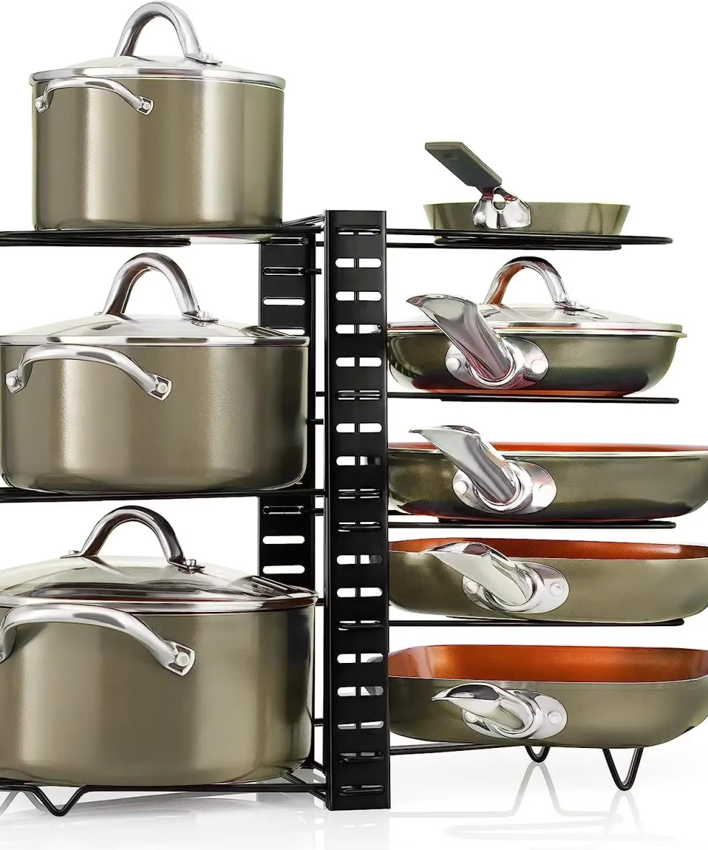 ארגונית סירים ומחבתות 8 שכבות, מתקן אחסון מתכוונן למטבח מסודר